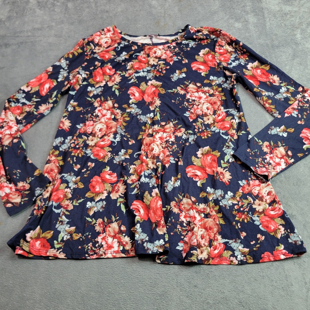 Top Fashion New York Tunic Womens Large Navy Floral Long Sleeve Swing Top Casual